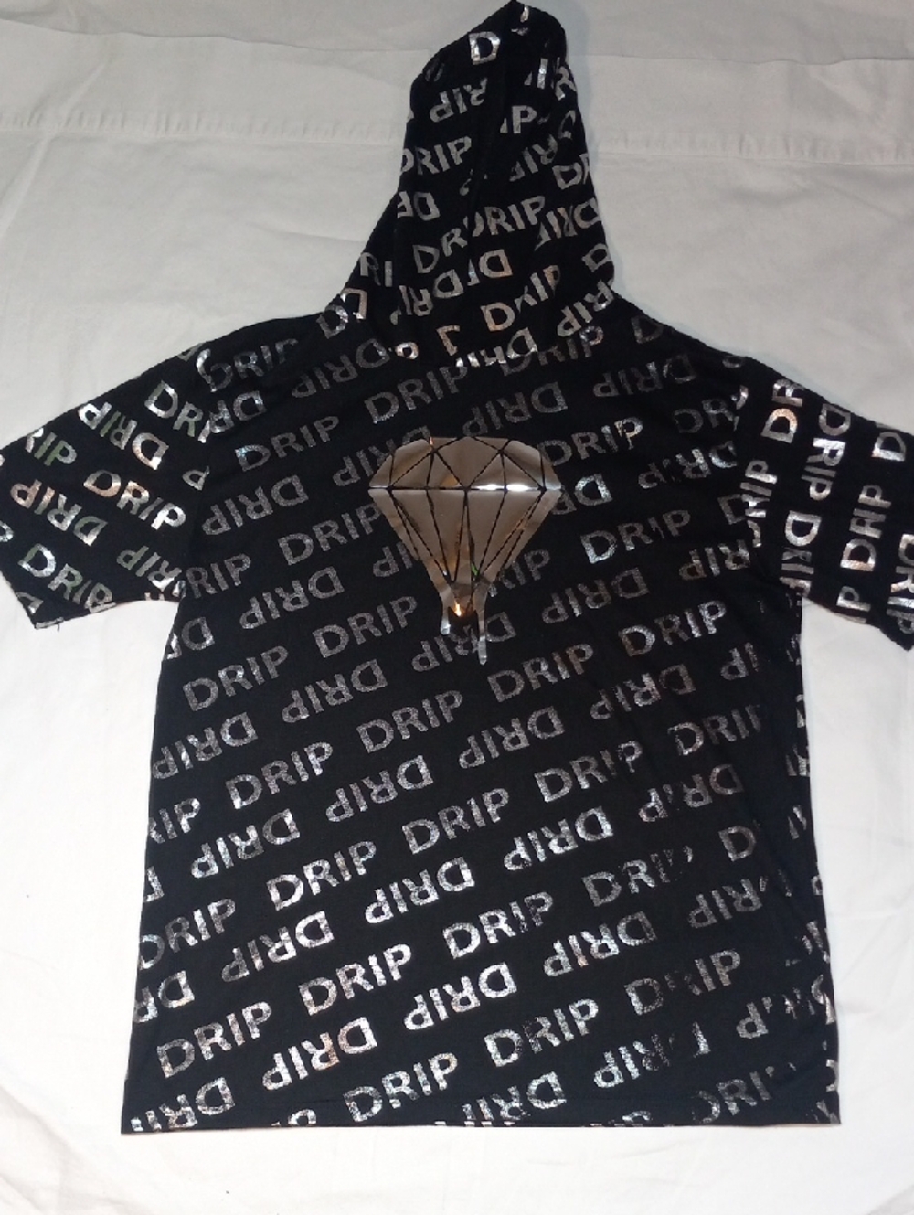 Kids Black Hooded Tee with Silver 'DRIP' Print and Metallic Diamond